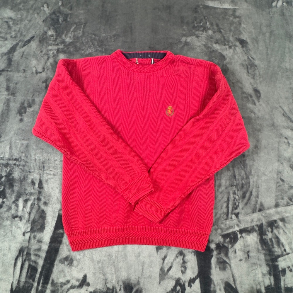 Chaps Ralph‎ Lauren Sweater Mens M Red Herringbone Knit Embroidered Crest Logo